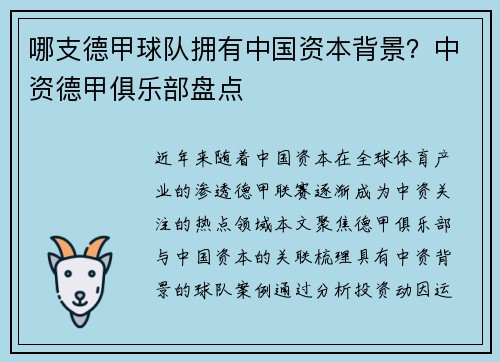 哪支德甲球队拥有中国资本背景？中资德甲俱乐部盘点