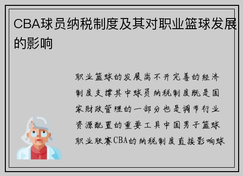 CBA球员纳税制度及其对职业篮球发展的影响